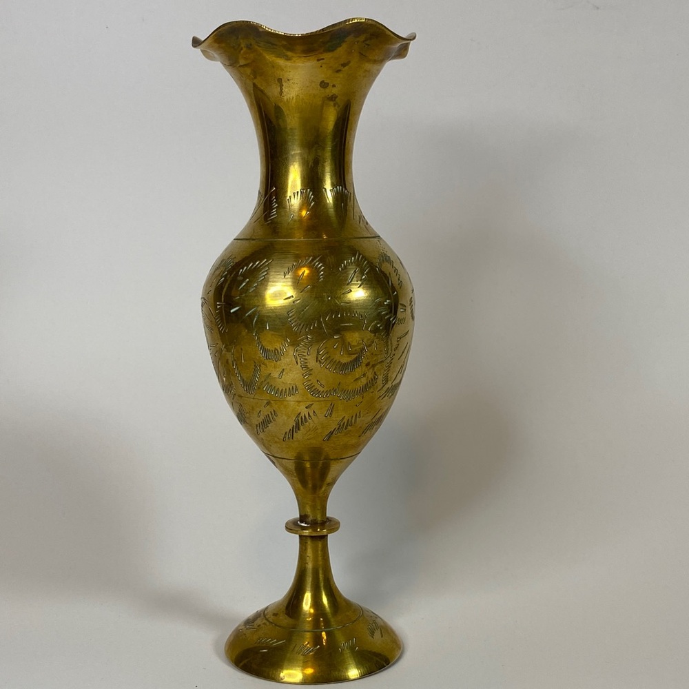Vintage Brass Pedestal Vase with Etched Design